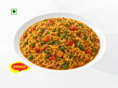 A steaming 150g portion of street-style Veg Maggi loaded with fresh vegetables and butter, served by Wheeler's Food.